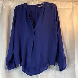 Blue Asymmetrical Long Sleeve Blouse with Mandarin Collar
